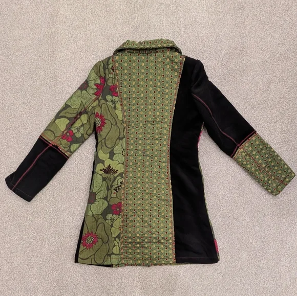 GUC Neslay Paris Women Sz S Jacquard Long Blazer Jacket Black Green Floral Fairy - Picture 4 of 11